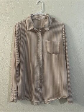 Striped Tan and White Silky-Feel Button-Up Shirt